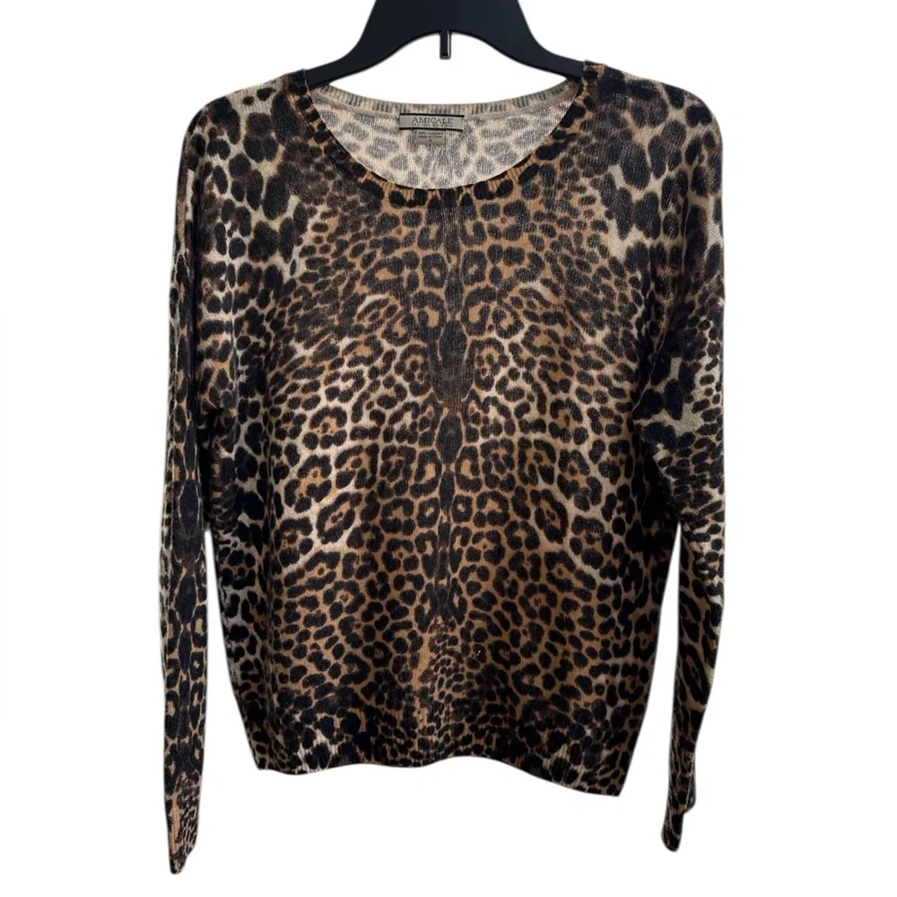 Amicale Cashmere leopard print cashmere sweater Size Small - Picture 1 of 5